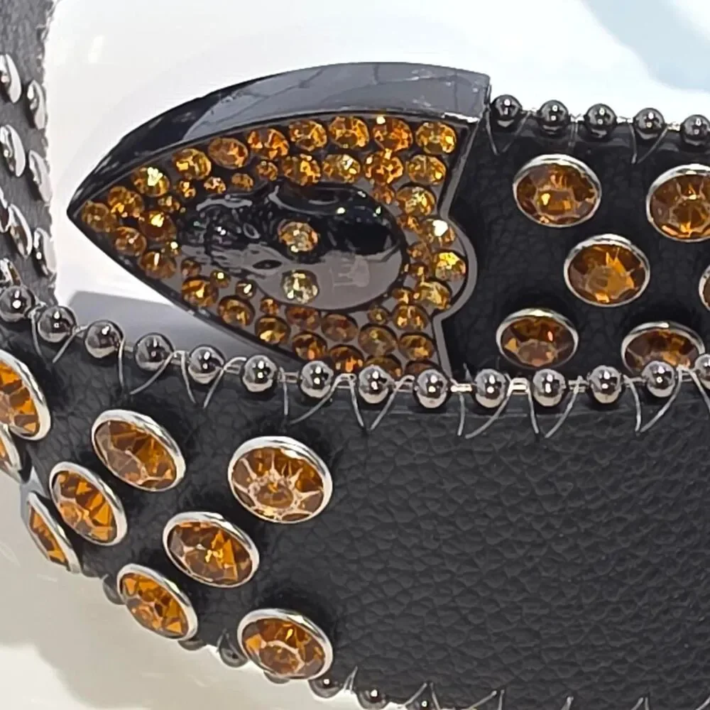 Halloween style leather belt with gold rhinestones and silver studs Women's